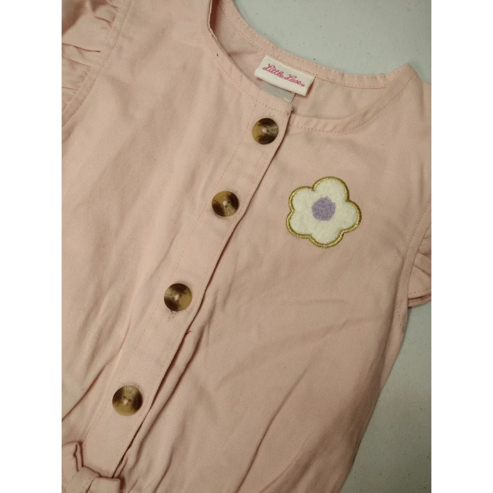 Little Lass Girls Pink Cotton Flutter Sleeve Button Front Romper 6X
